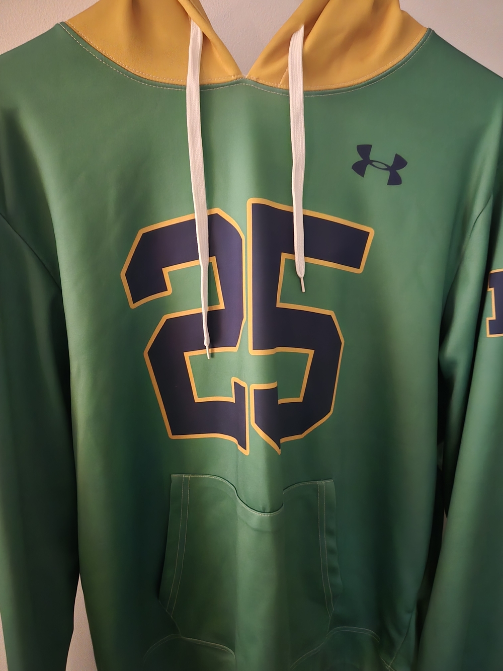 Under Armour Notre Dame Green & Yellow Hoodie with Navy '25' Graphic